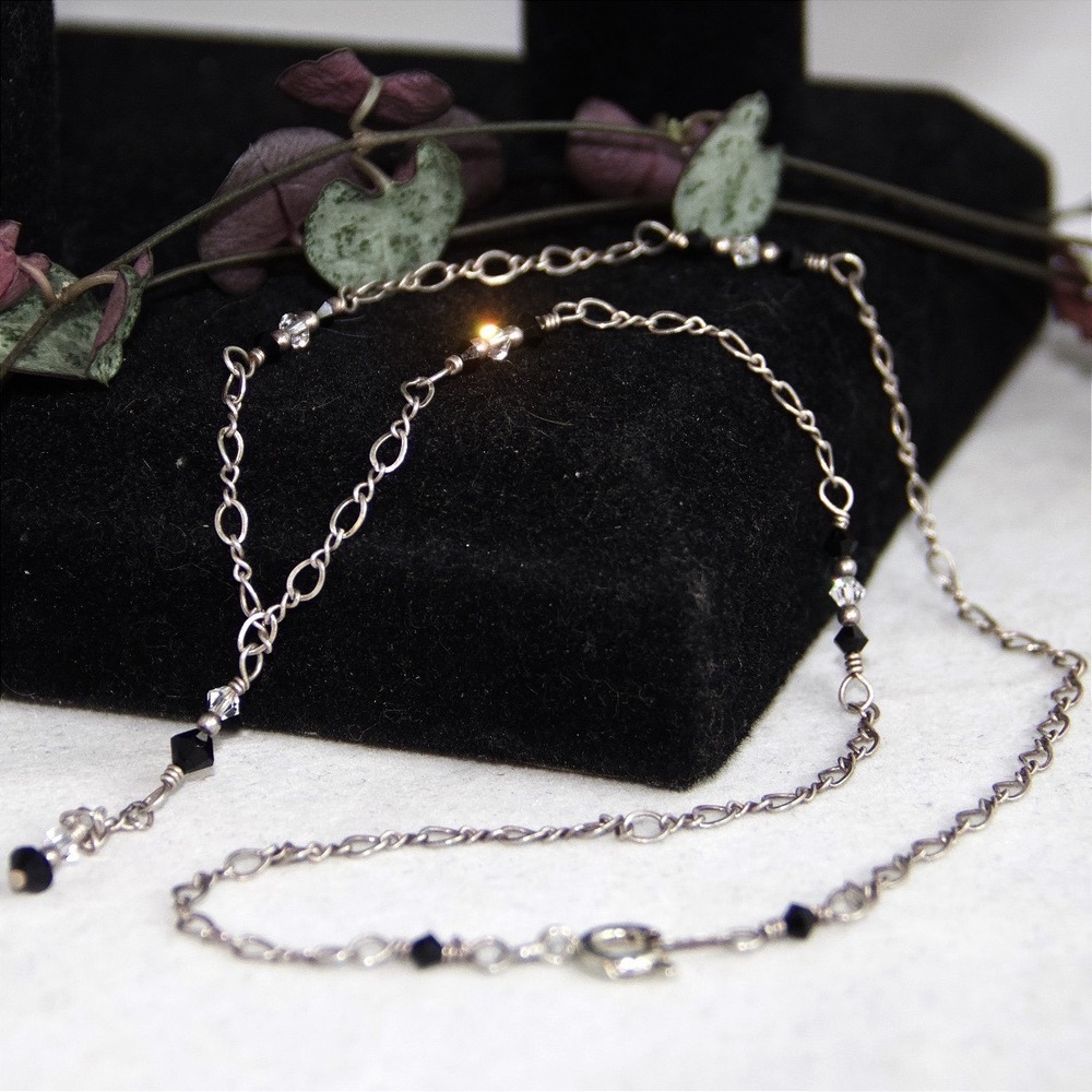 Sterling Silver Black Crystal Lariat Y-Necklace 20 Inch Hand Wired Dainty Chain